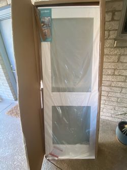 Brand NEW in Box EightDoors 30" x 80" White Fiberglass Door w/ 2 Frosted Glass Panels