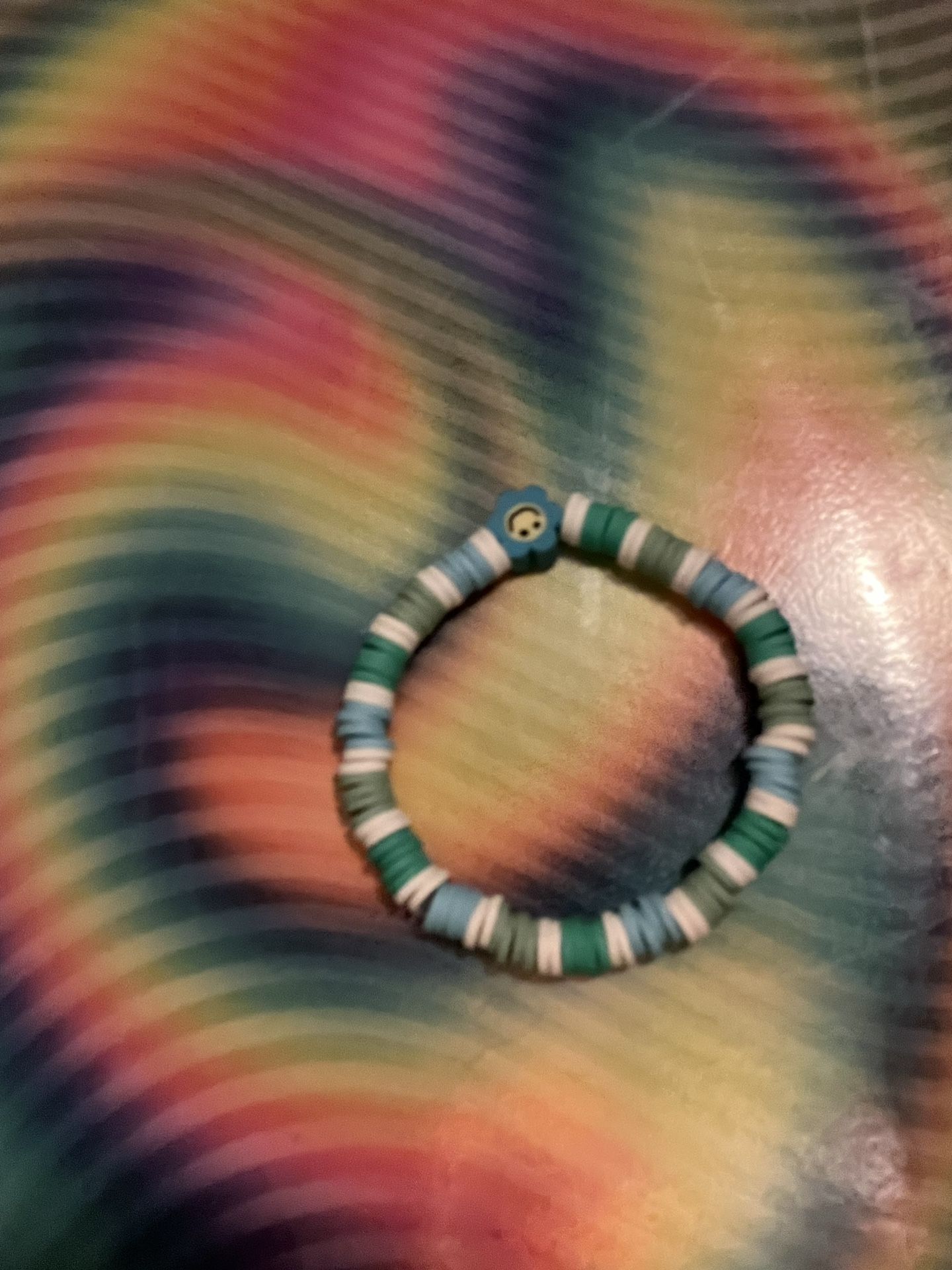 Blue Green And White Clay Bead Bracelet