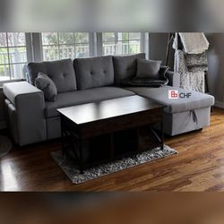 Reversible sleeper sectional with storage chaise and 2 stools