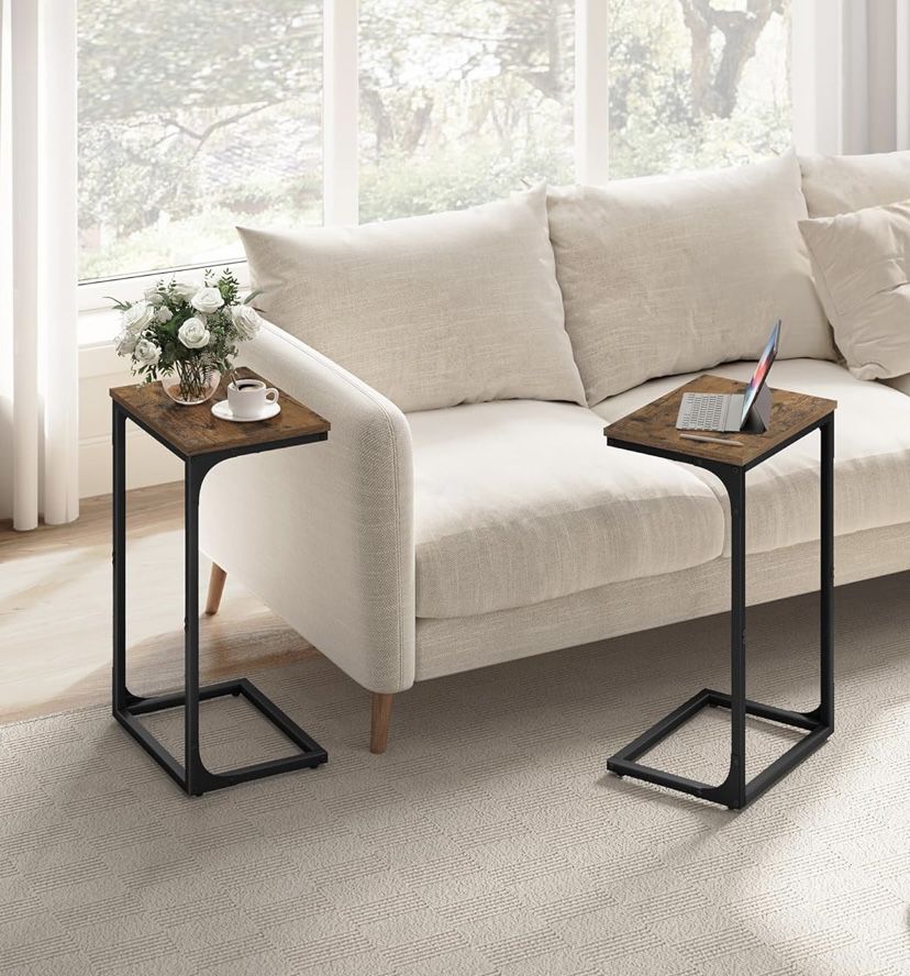 C-Shaped End Table, Set of 2, Side Table for Sofa, Couch Table with Metal Frame
