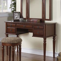 Brand New Vintage Inspired Cherry Wood Writing Desk Vanity With Free Stool And Mirror