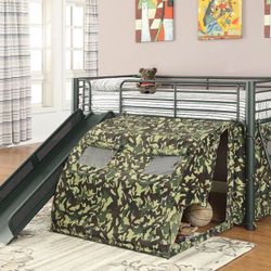 Camouflage Tent Lofted Twin Bed with Lower Playspace Army Green