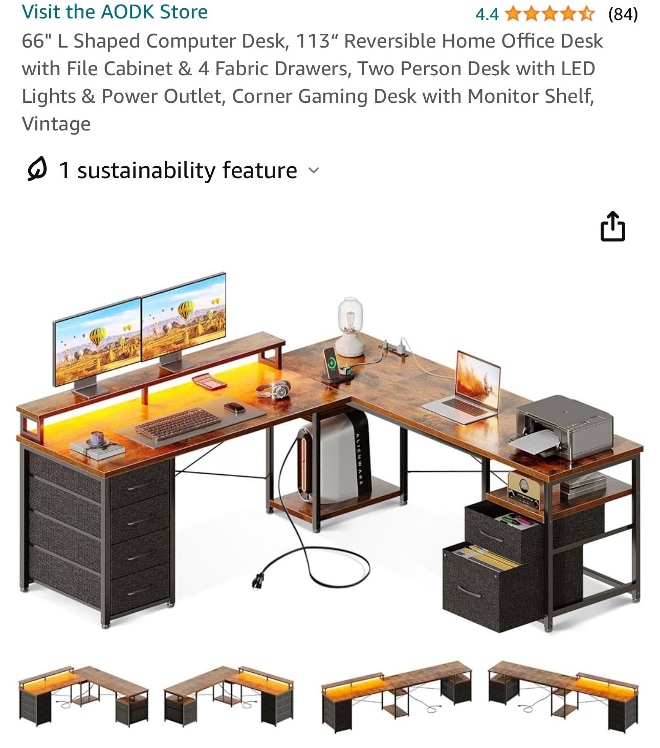 66" L Shaped Computer Desk, 113“ Reversible Home Office Desk with File Cabinet & 4 Fabric Drawers, Two Person Desk with LED Lights & Power Outlet, Cor
