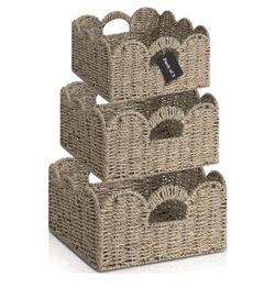 Scalloped Wicker Basket Set with Handles | Handwoven Seagrass Baskets New