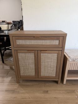 30”Buffet Cabinet Sideboard with Storage, Rattan Accent Cabinet 2 Doors, a Drawer, Boho Credenzas Farmhouse Buffet Table ,Natural Oak