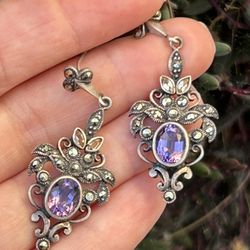 Vintage Real Amethyst Sterling Silver Mark Site Gemstones Pierced Ears, Jewelry Earrings Collectibles