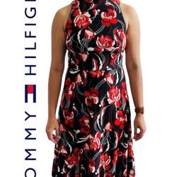 Tommy Hilfiger Floral A-Line Halter Mock-neck midi-dress black-red-white Sz 8