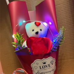 Lighted Bear And forever rose bouquet