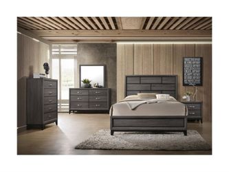 Brand new grey standard king, 76"x80", or CA king, 72"×84", panel bedframe + dresser + mirror + nightstand 4PCs set