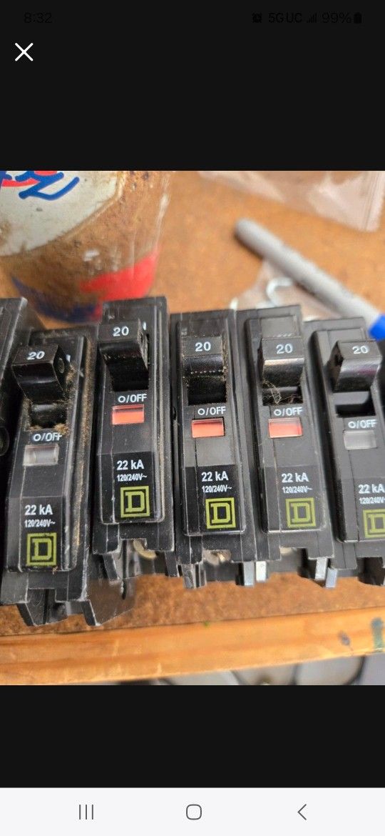 5 Single Square D 20amp Bolt On Breakers $45