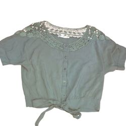 Solitaire Women's Blouse Button Tie Bottom Lace Accent