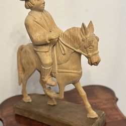 Old World Vintage Hand Carved Wooden Horseman — European Folk Art Equestrian Sculpture
