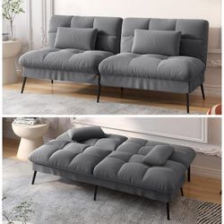 Gray Fabric Futon Couch with Adjustable Backrest Convertible Futon Sofa Bed with Metal Legs Convertible Sofa Bed