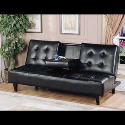 New Black Leather Futon With Cup Holders