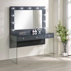 3 Drawer Vanity Desk With Lighting Mirror Gray High Gloss 
