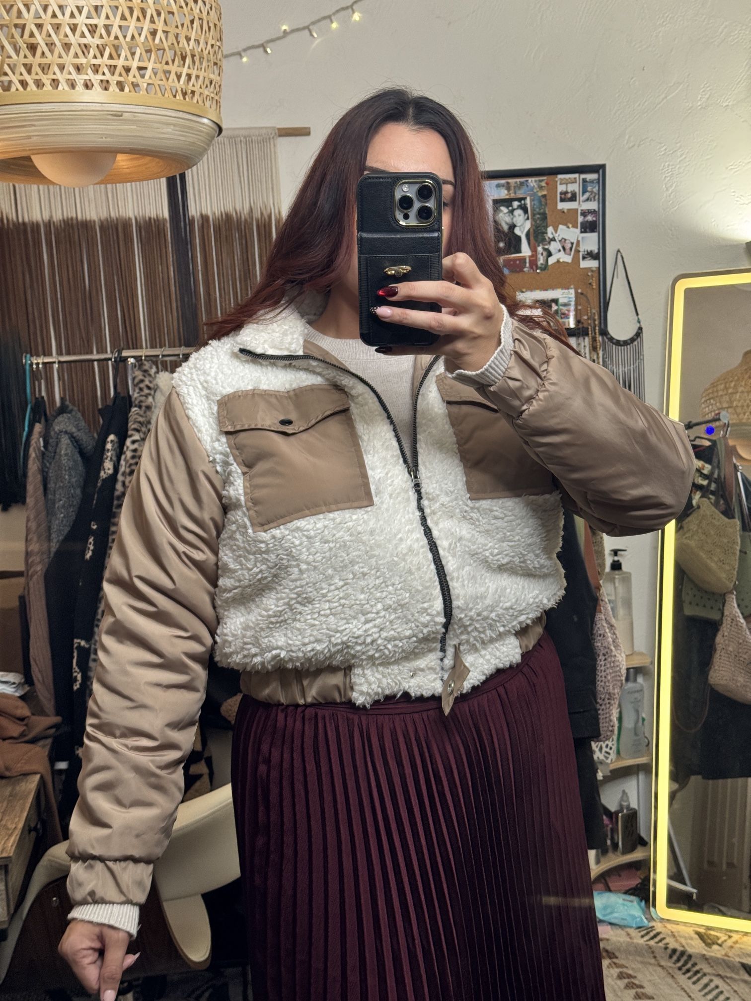 Cropped Sherpa Panel Puffer Zip Up Jacket: Womens 10 (size L/XL) 