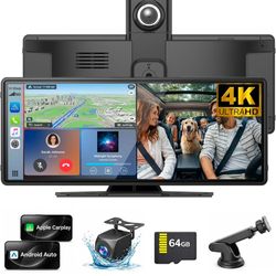 Wireless Carplay Screen for Car,10.26" Portable Apple Carplay and Android auto，4K Dash Cam with Rotatable Lens, 1080P Backup Camera, GPS Navigation, M