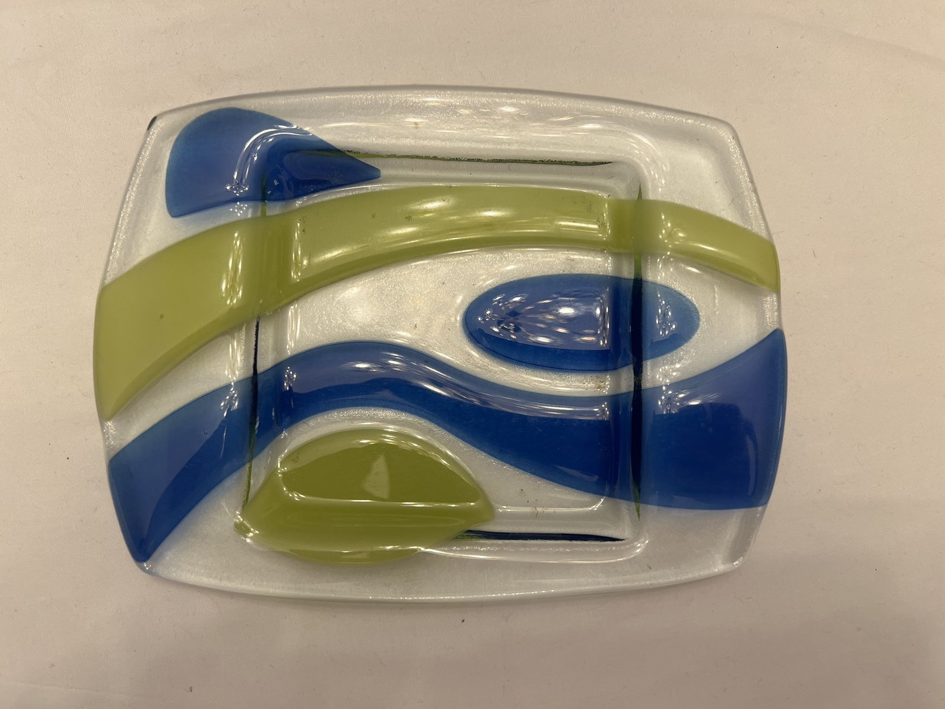 Used PartyLite Contempo Pillar Candle Holder/Trinket Dish- Blue/Green Pressed Glass DISCONTINUED & RETIRED