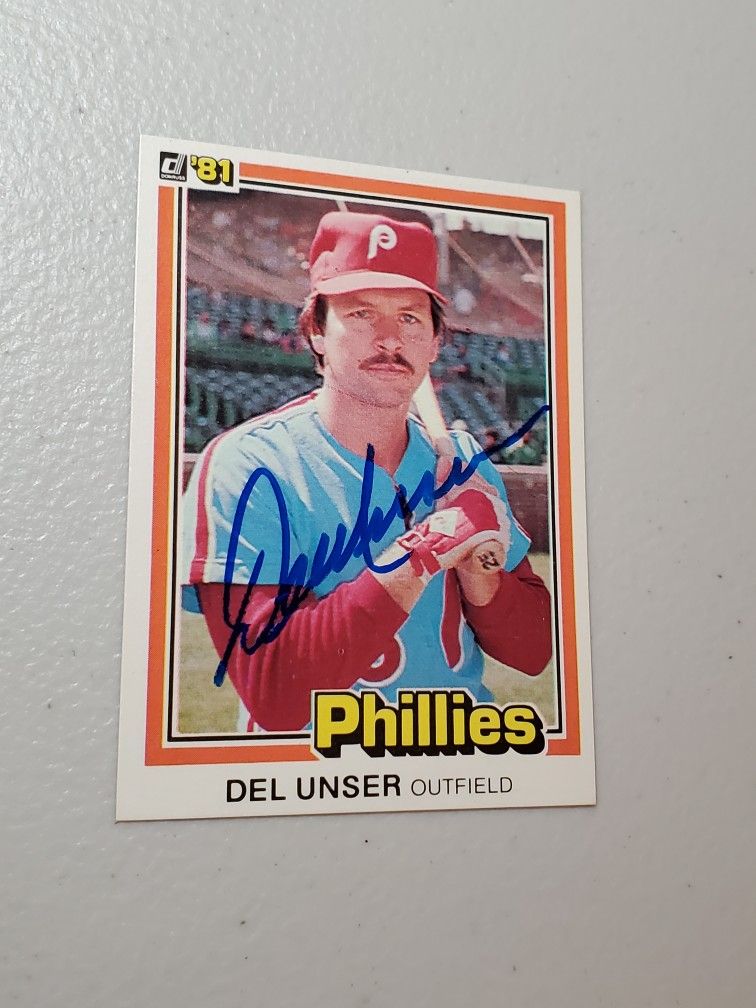 1981 Donruss #164 -Del Unser -Phillies 1980 World Series Champs-Autographed 