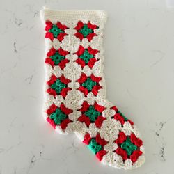 Vintage Handmade Granny Square Christmas stocking with loop for hanging. 16” long  