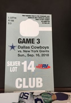 (1) Silver Lot 14 Parking Pass for NY Giants @ Dallas Cowboys Home Opener. Tailgating Allowed