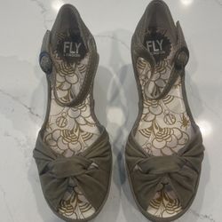 Fly London Yosey Brown Leather Twist Toe Wedge Sandal Size 38