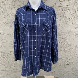 Plains Western Shirt Men XLarge Pearl Snap Blue Plaid Long Sleeve rodeo  Pit to pit 26” Shoulder to Bottom 30” E1