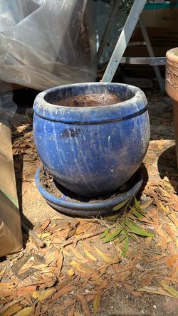 Blue Glazed Ceramic Planter with Saucer