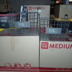 Two Wired Baskets With Handles Labled Things