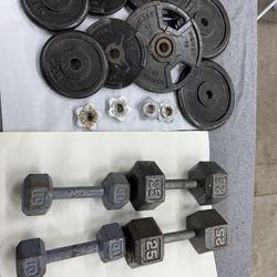 Weider Cast Iron Dumbbell Set 130 lb Total Vintage Plates Weights