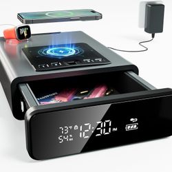 Biometric Discreet Gun Safe with 12-Hour Time Clock Display, Wireless Charging Pistol Safe for Handgun