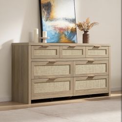 7 Drawer Dresser for Bedroom, 57" Wide Rattan Dressers, Large Chest of Drawers for Bedroom, Dresser TV Stand, Boho Closet Organizer (Reclaimed Light O