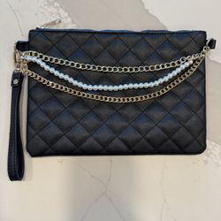 Vegan Pleated Leather Pouch Clutch With Gold And Pearl Chains