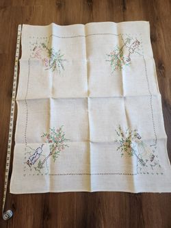 Small Tablecloth Vintage Embroidery Children & Fruit Trees on Orchard or Farm
