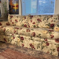 Vintage Ethan Allen Floral Loveseat Couch Twill Deep Skirted Rolled Arm Cottage Core Shabby Chic Retro