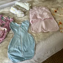 4 Baby Swaddles And 3 Baby Blankets 