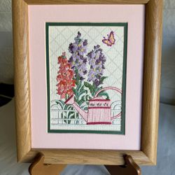 Vintage Wood Framed Hand-Embroidered Needlepoint Garden Scene 