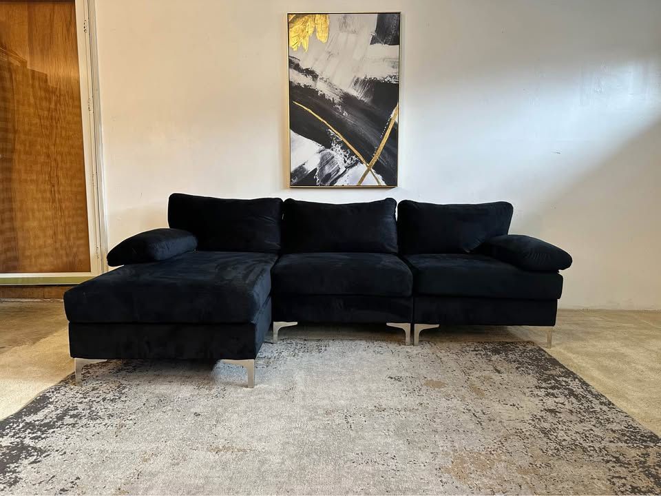 Black Velvet 3-Seater Sectional Sofa