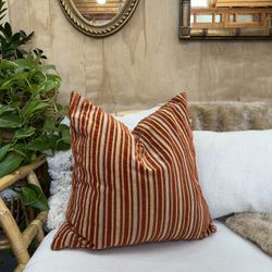 Vintage Striped Chenille Velvet Overstuffed Pillow Red Orange Zip Top Down Insert Bold Modern Velour Textured 
