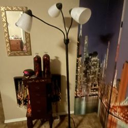 Three light lamp $10 ,4 panel screen $30, Two Red Vases $15