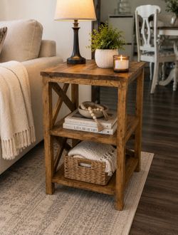 Rustic Farmhouse Side Table with Storage Shelves