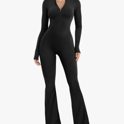 OQQ Ribbed Long Sleeve Zipper Wide Leg  Jumpsuit