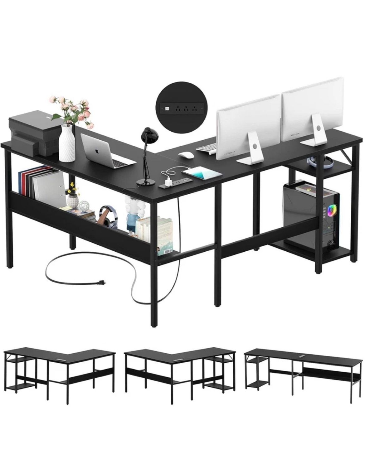 Reversible L Shaped Computer Desk With Magic Power Outlet Shape Gaming Table