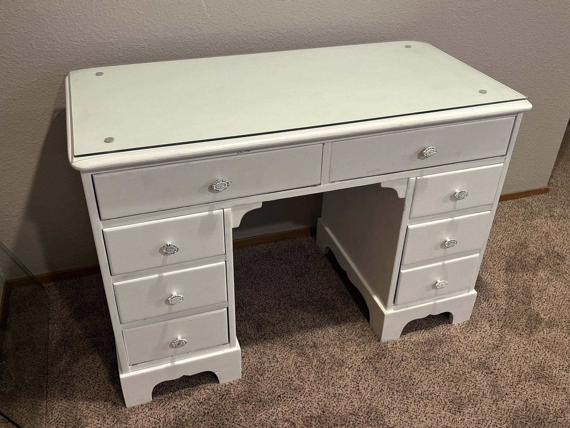 White Desk/Vanity With Tempered Glass