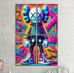 4 Piece Modern Kaws Art Picture Poster Print With Borderless Glass Frames 