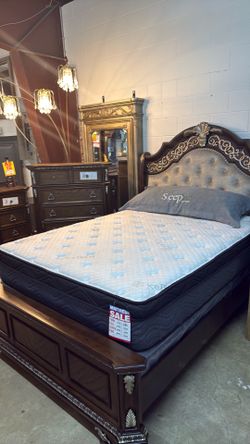 Ornate Wood Bed Frame with Tufted Headboard