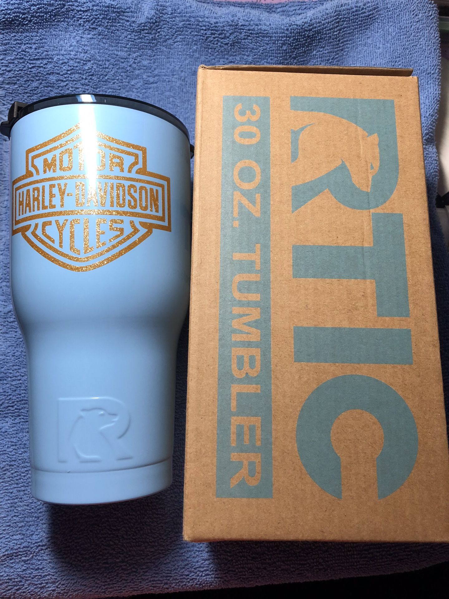 30oz RTIC Carolina Blue Tumbler with Harley Logos