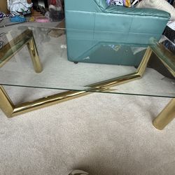 Vintage 1980s Karl Springer Style Polished Brass & Glass 3-Piece Table Set