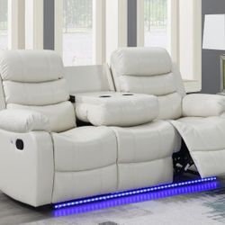 White Leather Sofa With Dual Recliners