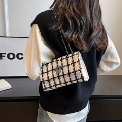 Brand New Tweed Crossbody Colorblock Plaid Handbag